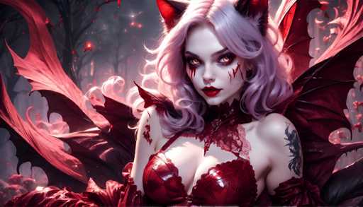 The image depicts a female character with long blonde hair and red lips wearing a red dress and a red headdress. The character is standing against a dark background that includes trees and bushes.