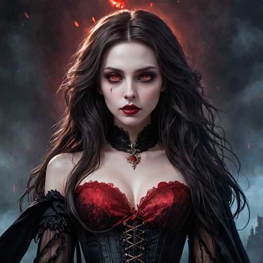 The image depicts a woman with long dark hair wearing a red corset and a black top hat. She has striking red eyes and is wearing a necklace with a large pendant. The background features a dark sky filled with smoke and flames, creating an ominous atmosphere that complements the woman's attire.