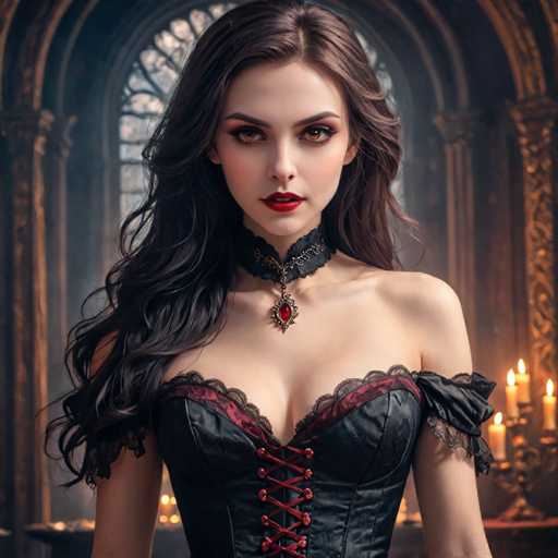 A woman with long brown hair and dark makeup stands in front of a large window adorned with gold trim, wearing a black corset with red lace detailing and a red necklace featuring a large pendant. The room is dimly lit by candles on the windowsill, creating an atmosphere of mystery and intrigue.