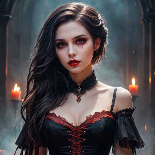 A woman with long dark hair wearing a black corset and red lipstick stands in front of two candles on either side of her face, creating an eerie atmosphere.
