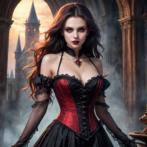 A woman with long dark hair and a red lipstick stands in front of an archway, wearing a black corset and a red and gold brockered dress that reaches down to her knees. She is holding a golden object in her right hand. The background features a castle-like structure with towers and turrets, suggesting the setting could be a medieval or fantasy-themed location.
The image does not contain any discernible text.