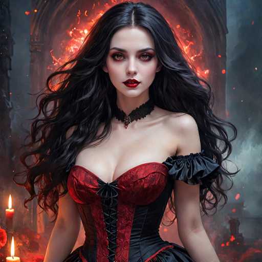 The image depicts a woman with long dark hair wearing a red corset and a black top hat. She is standing in front of a burning archway that is emitting flames. The background features a dark and ominous atmosphere, with smoke rising from the archway.