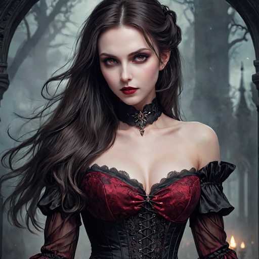 The image shows a woman with long dark hair wearing a corset and red lipstick. She is standing against a dark background that includes trees and an archway. The woman's gaze is directed straight at the camera, creating a sense of connection between her and the viewer.