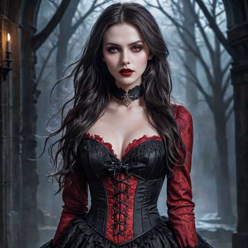A woman with long dark hair and red lipstick stands in a dimly lit room surrounded by trees. She is wearing a black corset and a red dress that contrasts with the darkness of her surroundings. The room has an old-world charm, with a wooden door and a window on one side, adding to the atmosphere of mystery and intrigue.