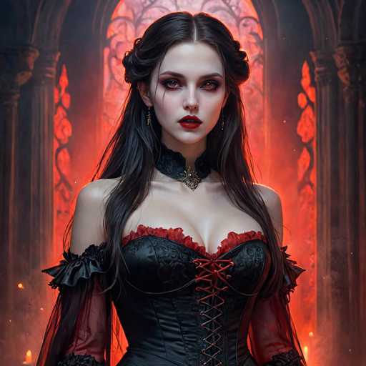 The image depicts a woman with long dark hair wearing a black corset and red braids standing in front of an ornate window adorned with intricate designs. The woman is dressed in a black dress that contrasts with the fiery red color of her braids. She has striking red lipstick, adding to her regal appearance. The background features a dark red hue, possibly representing blood or fire, which further emphasizes the intensity and passion of the scene.