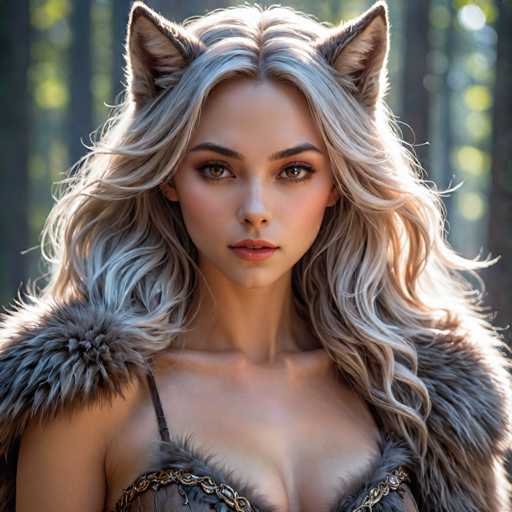 The image shows a close-up portrait of a woman with blonde hair and a fur coat draped over her shoulders. The background is blurred, suggesting an outdoor setting such as a forest or park.