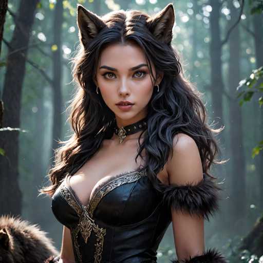 A woman with long dark hair and a black dress stands in front of trees in a forest, wearing a fur collar and earrings.