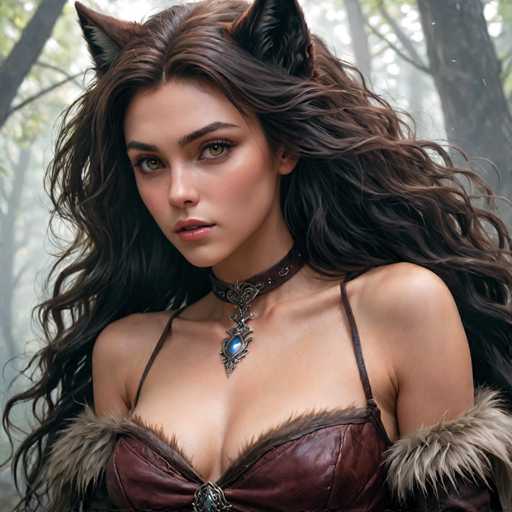 A woman with long brown hair and a fur coat is standing in front of trees in a forest. She has a necklace around her neck that features a blue gemstone pendant. The background consists of the dense foliage of the forest.