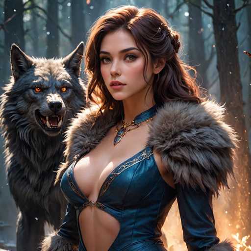 The image depicts a woman and a wolf standing together in a forest setting. The woman is wearing a blue dress with a fur collar and has her hair styled in an updo. She is looking directly at the camera while the wolf stands behind her on all fours.