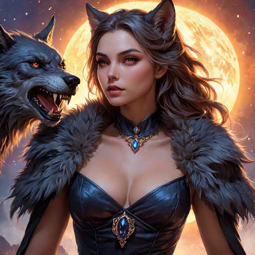 A woman with long brown hair and a blue dress stands next to an angry wolf with sharp teeth and a snarling expression. The background features a full moon and stars against a dark sky.
