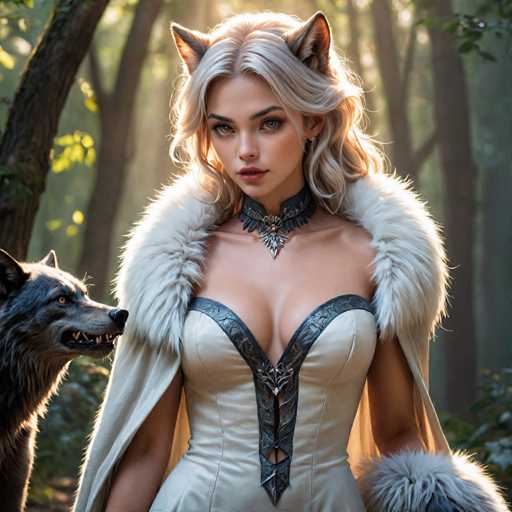 A woman with blonde hair and a white fur coat stands next to a wolf in the woods. The wolf has its mouth open as if it's growling or howling.