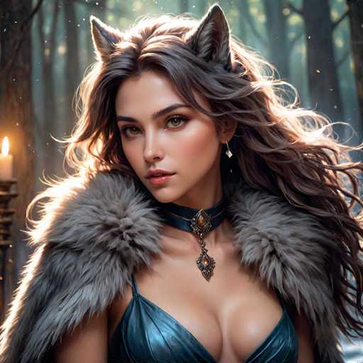 A woman with long brown hair and a fur coat is the main subject of this digital illustration. She is wearing a blue dress that contrasts with her fur coat, which has a fur collar. The background features trees and a candle, adding to the overall atmosphere of the image.