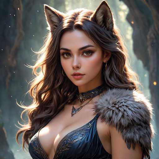 A woman with long brown hair and a fur coat is the main subject of this digital illustration. She has her hair styled in an updo and is wearing a necklace around her neck. The background features a forest setting with trees and rocks, creating a natural and serene atmosphere.