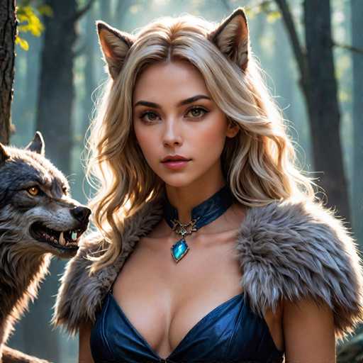 A woman with blonde hair and a blue dress stands next to a wolf wearing a red collar.