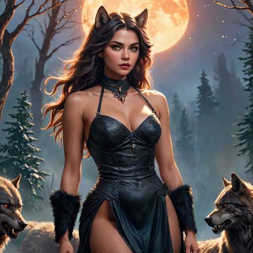 The image depicts a woman with long brown hair and dark makeup standing in front of three wolves. The wolf on the left is wearing a black collar, while the two other wolves have white fur. The background features trees and a full moon, creating an eerie atmosphere.