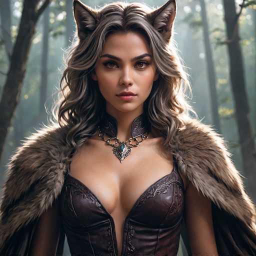 A woman with long blonde hair and a fur coat stands in front of trees in a forest, wearing a necklace that has a large pendant.