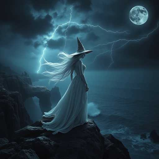 A woman stands on a cliff overlooking the ocean at night. She is wearing a white dress and a black hat with a pointed top. The sky above her is dark blue, dotted with lightning bolts.