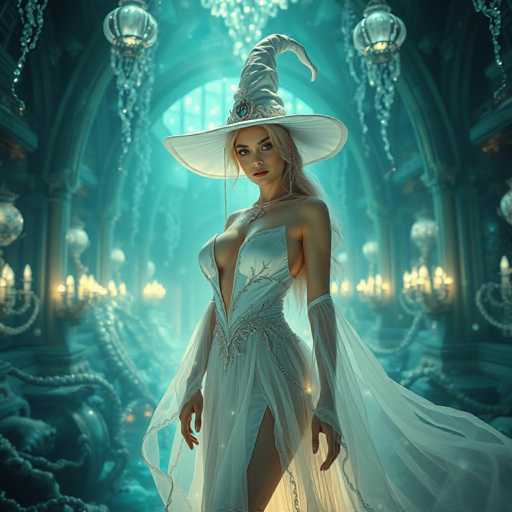 A woman stands in a grand room with a large window and chandeliers, wearing a white dress and a tall white hat adorned with a gold feather.