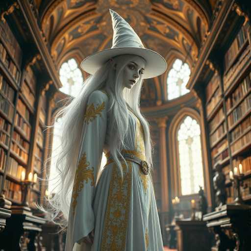 A woman dressed as a witch stands in a library surrounded by bookshelves filled with books and illuminated by natural light filtering through the windows.
