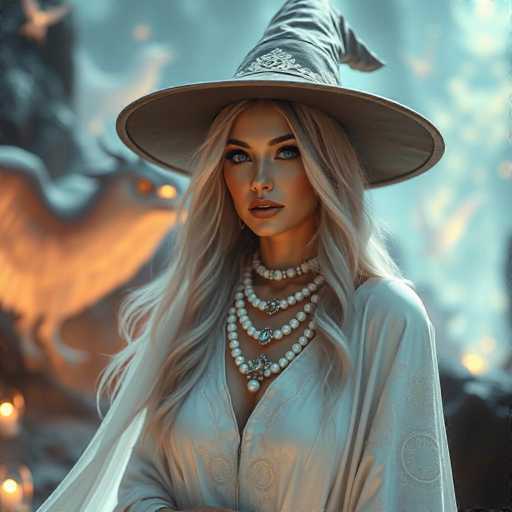 A woman with blonde hair wearing a white dress and a large witch's hat is the main subject of this image. She has her hands placed on her hips and is looking directly at the camera. The background features a dark blue sky with a flock of birds flying in formation.