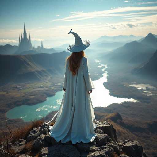 A woman dressed as a witch stands on top of a rocky cliff overlooking a valley below. She is wearing a long white dress and a tall white hat with a pointed top. The background features mountains under a clear blue sky.