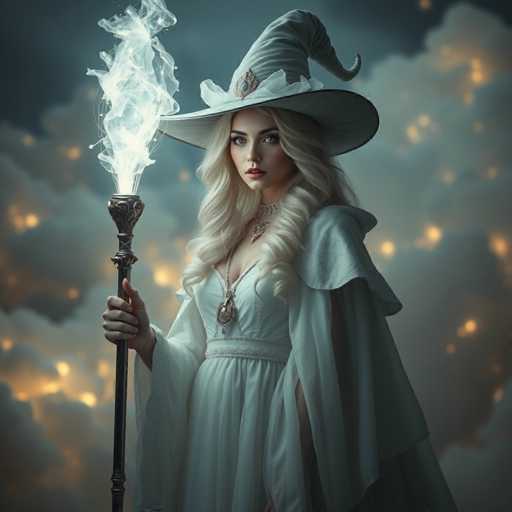 A woman dressed as a witch stands against a dark blue sky with white clouds and orange lights. She holds a wand in her right hand and wears a white dress with gold accents.