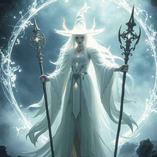 A woman dressed as a witch stands in front of a large circle with two pointed swords and a golden cross at the center. She is wearing a white dress adorned with gold stars on her sleeves and holding a staff in one hand and a sword in the other.
