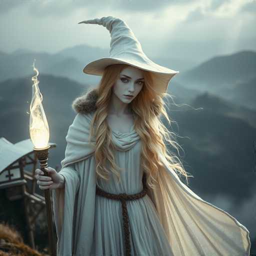 A woman with blonde hair wearing a white witch's hat and holding a golden torch stands on a cliff overlooking a valley below.