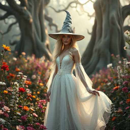 A woman stands in a field of flowers wearing a white dress and a large witch's hat with a feather on top.