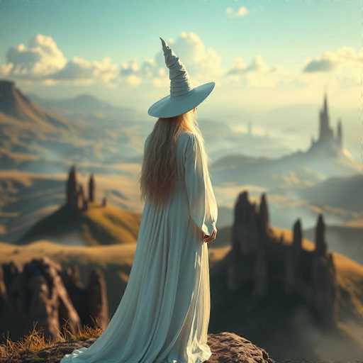 A woman dressed in a white gown stands on a cliff overlooking a valley with mountains and a castle visible in the distance.