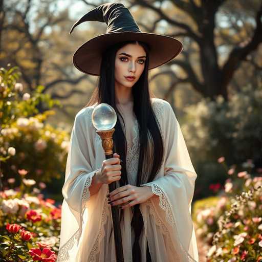 A woman with long dark hair is standing in a garden surrounded by flowers and trees. She is wearing a white robe and hat that match the color of her wand, which she holds in her right hand. The background features lush greenery and pink flowers, creating a serene and enchanting atmosphere.