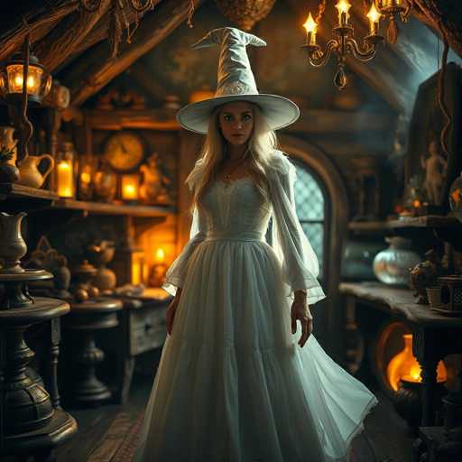 A woman stands in a dimly lit room with a large window behind her that lets in soft light and casts long shadows on the floor. She is wearing a white dress with a pointed hat on top of it, which appears to be a witch's hat. The room contains various objects such as vases, bowls, and candles scattered around, creating an atmosphere of mystery and intrigue.