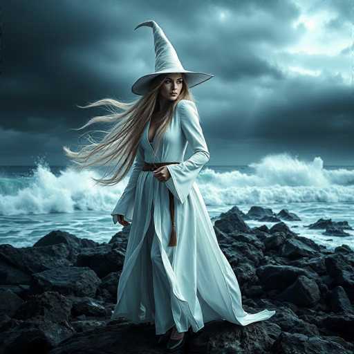 A woman stands on a rocky shoreline, wearing a long white dress and a tall white witch's hat with a pointed top. The ocean is visible behind her, with waves crashing against the rocks in the background.