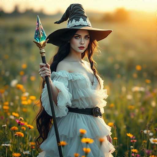 A woman dressed as a witch stands in a field filled with yellow flowers and tall grass. She holds a staff in her right hand and wears a black top hat adorned with a white feather on the brim.