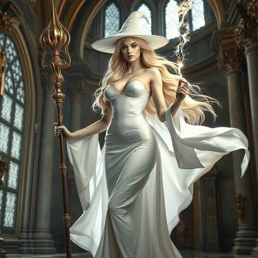 A woman with blonde hair and a white dress stands in front of a window, holding a gold staff and smoking a cigarette.