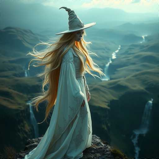 A woman with long blonde hair wearing a white dress and hat stands on a cliff overlooking a valley below.