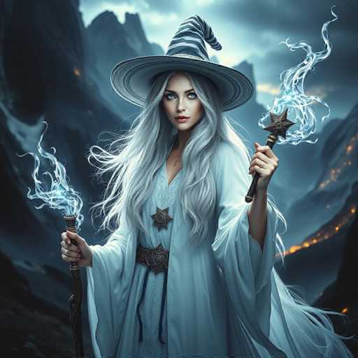 A woman with long blonde hair is standing against a backdrop of mountains and fire. She is wearing a blue dress and a white hat adorned with a black star on the front. The woman holds two wands in her hands - one with a flame at its end and another with a flame at its tip, both glowing with an ethereal light that illuminates the scene around them.
The mountains behind the woman are covered in snow, their peaks shrouded in mist. The fire in the background is ablaze, casting a warm glow on the surroundings.