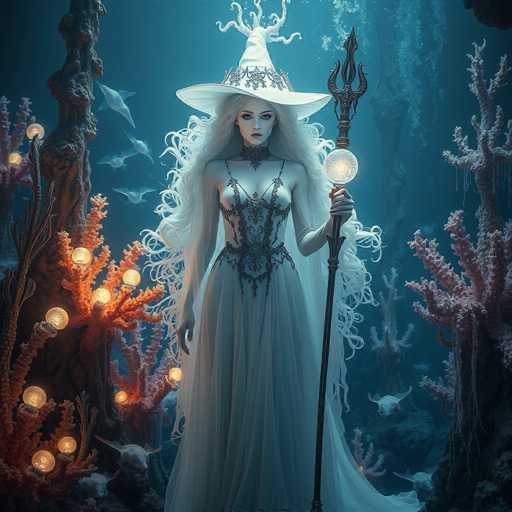 A woman with long white hair and a white dress stands in front of a coral reef, holding a staff and surrounded by fish.