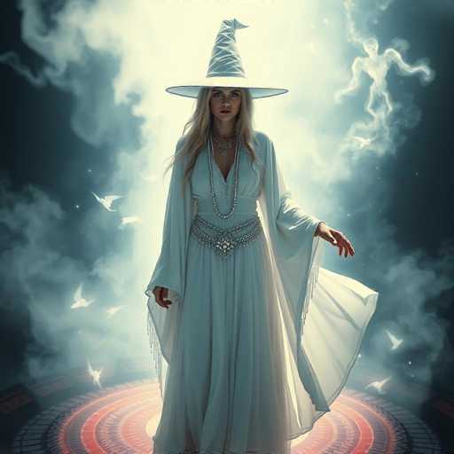 A woman stands on a red circle against a dark blue background with white smoke rising from the top right corner. She is wearing a long white dress and a large white hat with a pointed end, possibly a witch's hat. The woman has blonde hair and is holding her hand out to the side.