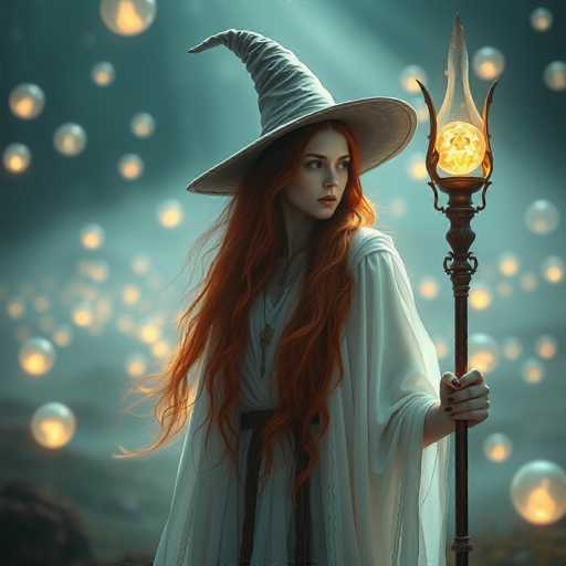 A woman with red hair is dressed as a witch and holding a golden staff. She is wearing a white dress and a pointed hat that resembles a witch's hat. The background features a dark blue sky filled with floating bubbles of various sizes and colors.