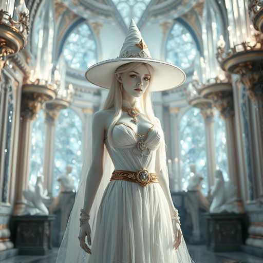 A woman stands in front of a large window with white curtains and gold accents, wearing a white dress and a tall white witch's hat adorned with a gold feather.
