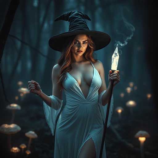 A woman dressed in a white dress with a black hat and holding a crystal wand stands in front of a forest filled with mushrooms.