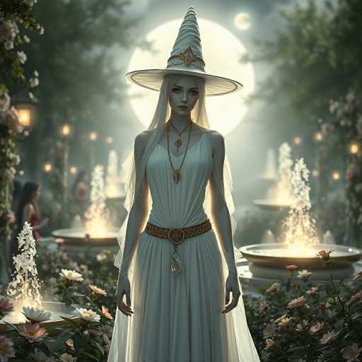 A woman dressed as a witch stands in front of two fountains and a large moonlit tree with pink flowers on either side.