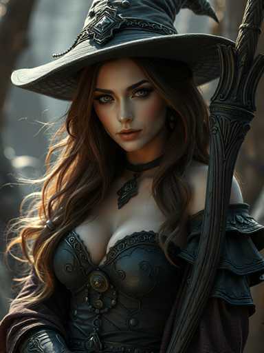 A woman with long brown hair is dressed as a witch and wearing a black hat adorned with a gold emblem on the front. She holds a staff in her right hand and wears a corset that accentuates her figure. The background features trees and bushes, suggesting an outdoor setting or forest.
