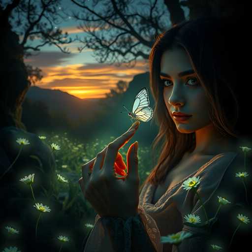 A woman with long brown hair is holding a butterfly in her hand against the backdrop of a sunset over a field filled with white flowers and trees.