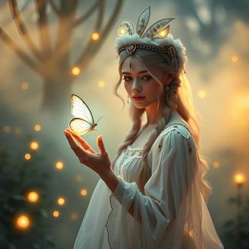 A woman with blonde hair wearing a white dress and a crown holding a butterfly is the main subject of this image. The background features trees and bushes, creating an enchanting forest setting.