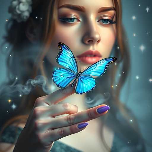 A woman with long brown hair is holding a blue butterfly on her finger. The butterfly has vibrant blue wings and is resting on the woman's index finger.