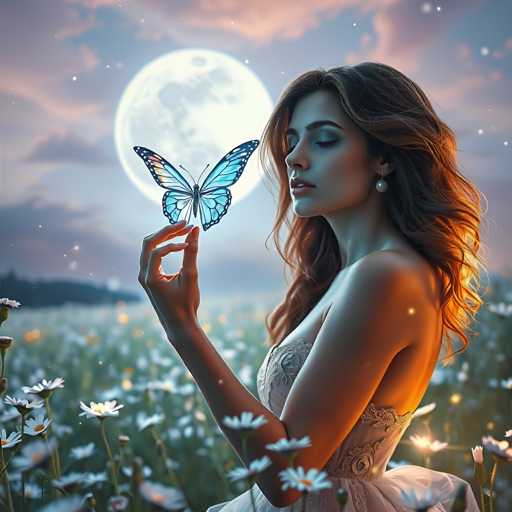 A woman with long brown hair is standing in a field filled with white flowers and holding a blue butterfly on her outstretched hand.