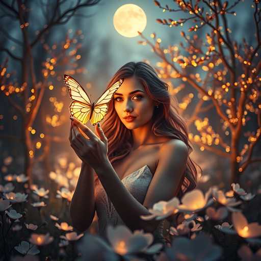 A woman with long brown hair is standing in a field filled with white flowers and trees under a full moon. She is holding a butterfly in her hands.