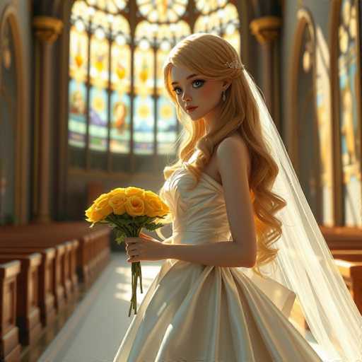 A woman is standing in front of a large stained glass window with her hair styled in an elegant updo and wearing a white wedding dress. She holds a bouquet of yellow roses in her hands. The setting appears to be a church interior, as indicated by the wooden pews visible behind the woman.